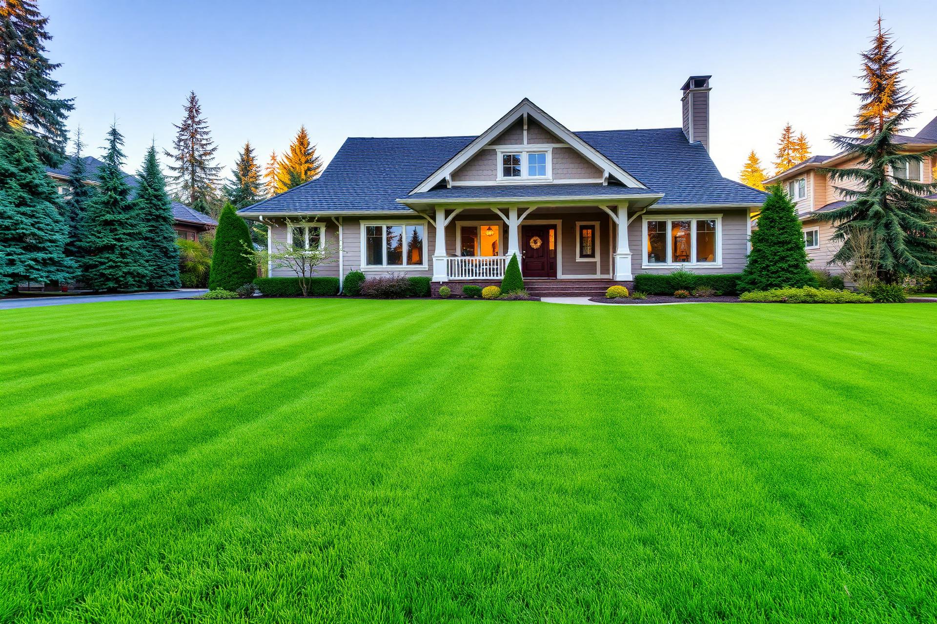 Beautifully maintained green lawn in front of a Washington craftsman home